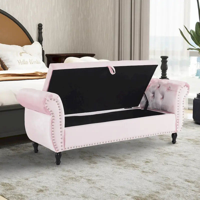 Banc Pouf de Rangement en Velours avec Clous Décoratifs et Rangement Dissimulé — 130 cm | 4 Couleurs