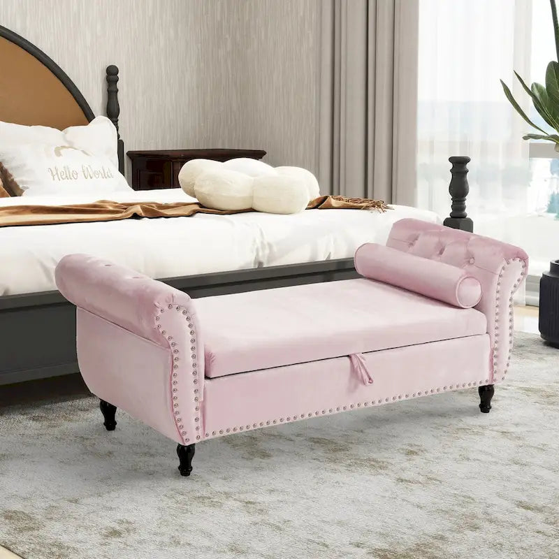Banc Pouf de Rangement en Velours avec Clous Décoratifs et Rangement Dissimulé — 130 cm | 4 Couleurs