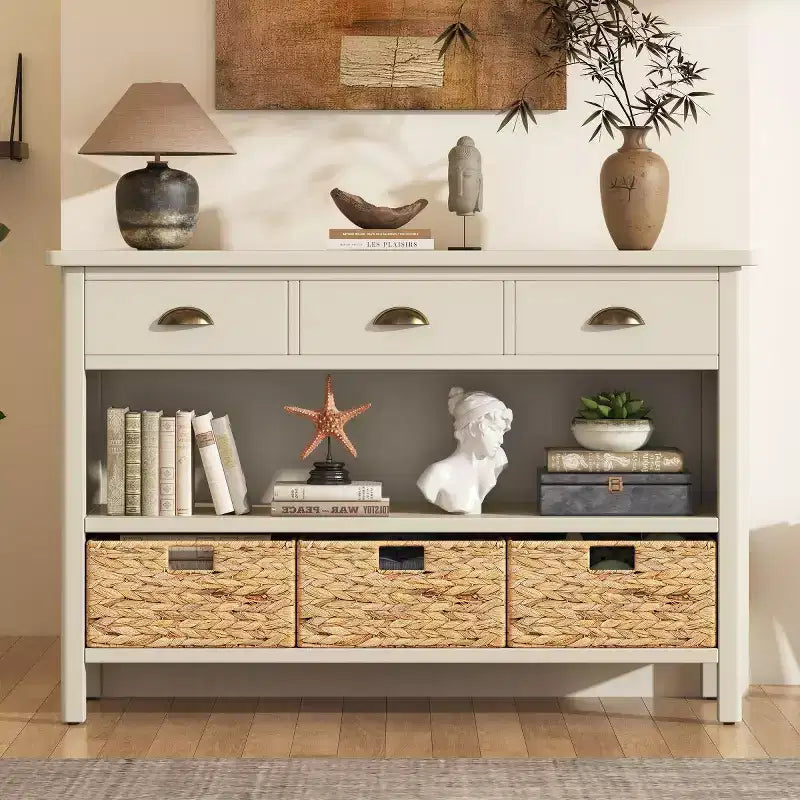 Entryway Console Table with Storage, Farmhouse Hallway Table with 3 Drawers and 3 Water Hyacinth Baskets for Living Room or Foyer - Panipeachy