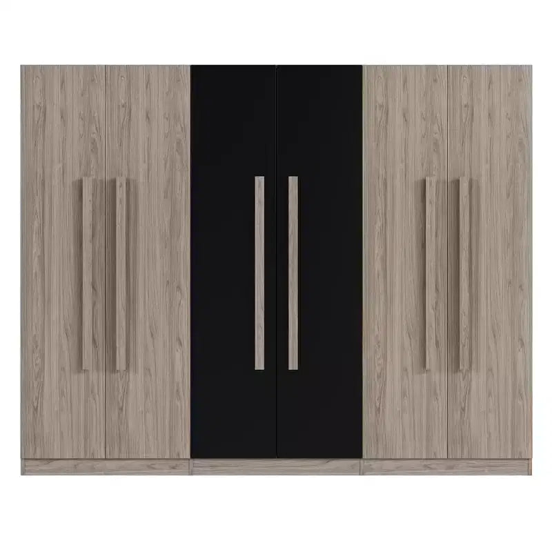 83W 6 Door Wardrobe Clothing Armoire Closet Storage Cabinet with 2 Drawers, Hanging Rails and Storage Shelves, Black+Natural-ModernLuxe