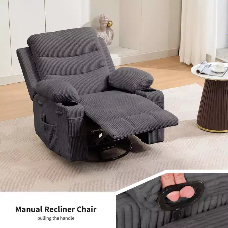 Oversized 360 Swivel Rocker Recliner with Massage & Heat - Ergonomic Lounge Chair with Cup Holders, Side Pockets for Living Room, Nursery