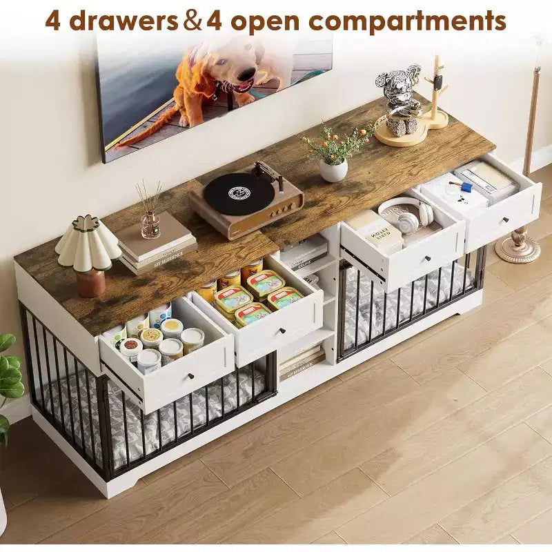 82 Double Dog Crate Furniture, Large Dog Kennel Indoor for 2 Dogs, Heavy Duty Wooden Dog Crate TV Stand with 4 Drawers and Shelves
