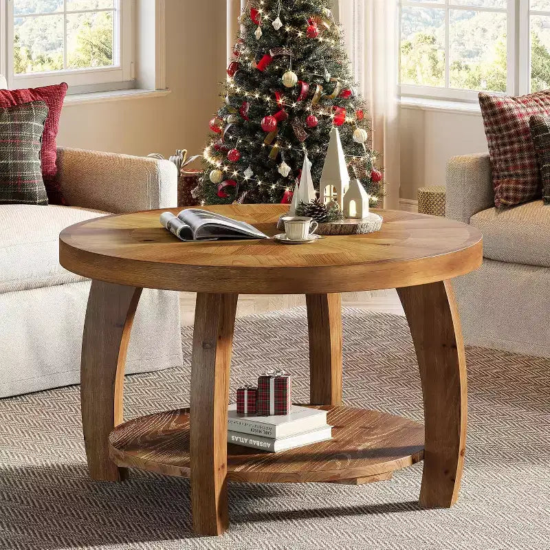 Lantine Solid Wood Round Coffee Table, 2-Tier Center Table with Storage, 31.5 Inch Tabletop with Mosaic Pattern, Easy Assembly, for Living Room, Brown