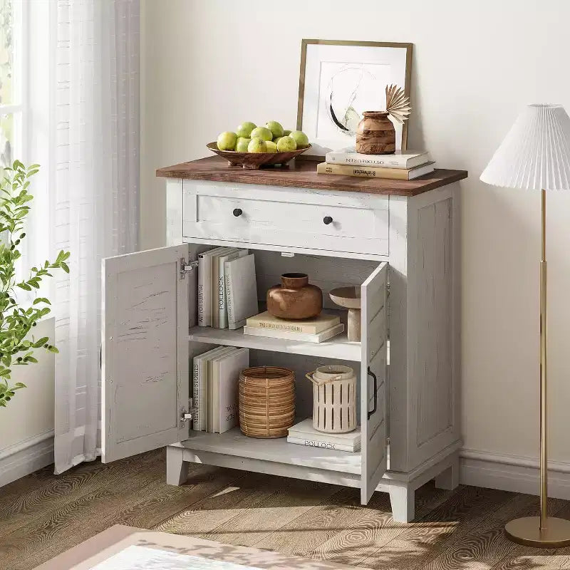 31.5 Rustic Storage Cabinet, with Slatted Doors, 3-Tier Adjustable, Double Door Locker, for Kitchen, Dining Room, and Home Office