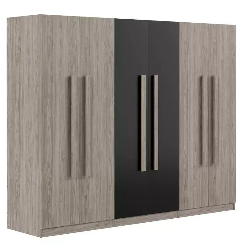 83W 6 Door Wardrobe Clothing Armoire Closet Storage Cabinet with 2 Drawers, Hanging Rails and Storage Shelves, Black+Natural-ModernLuxe