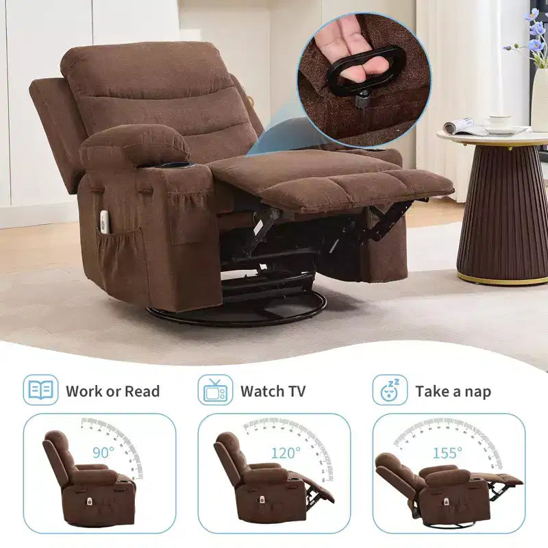 Oversized 360 Swivel Rocker Recliner with Massage & Heat - Ergonomic Lounge Chair with Cup Holders, Side Pockets for Living Room, Nursery