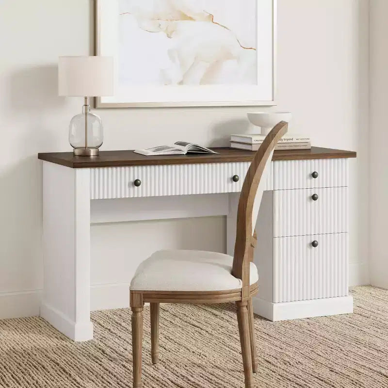 Fluted Home Office Desk Storage, 54 Modern Executive Desk with Charging Station, Wooden Computer Writing Desk with File Drawers for Study Room
