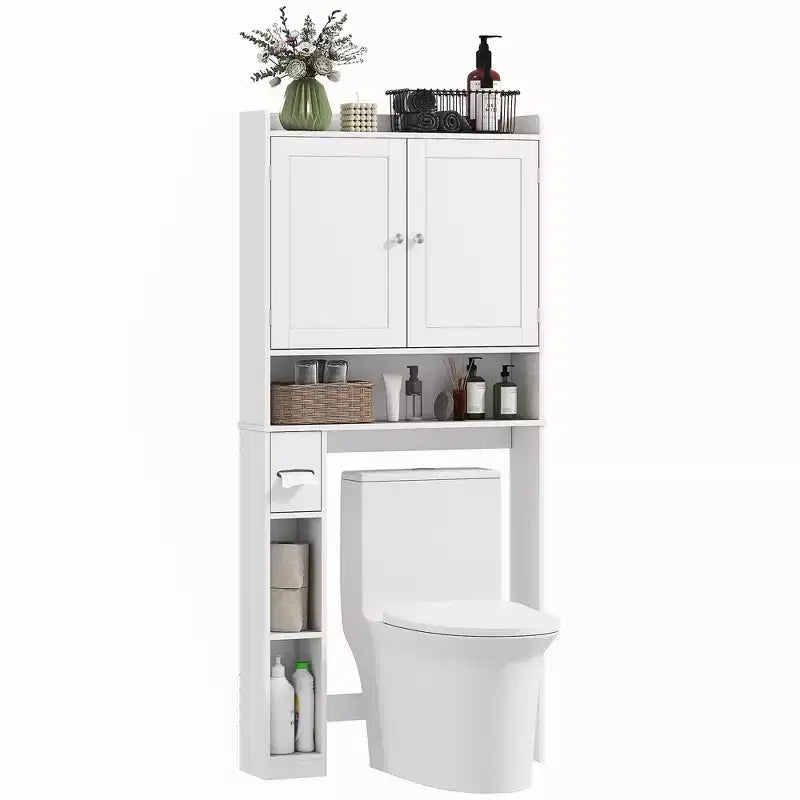 HOMCOM Over the Toilet Storage Cabinet, Modern Above Toilet Bathroom Organizer with 2 Doors, Toilet Paper Holder, Freestanding Space Saver