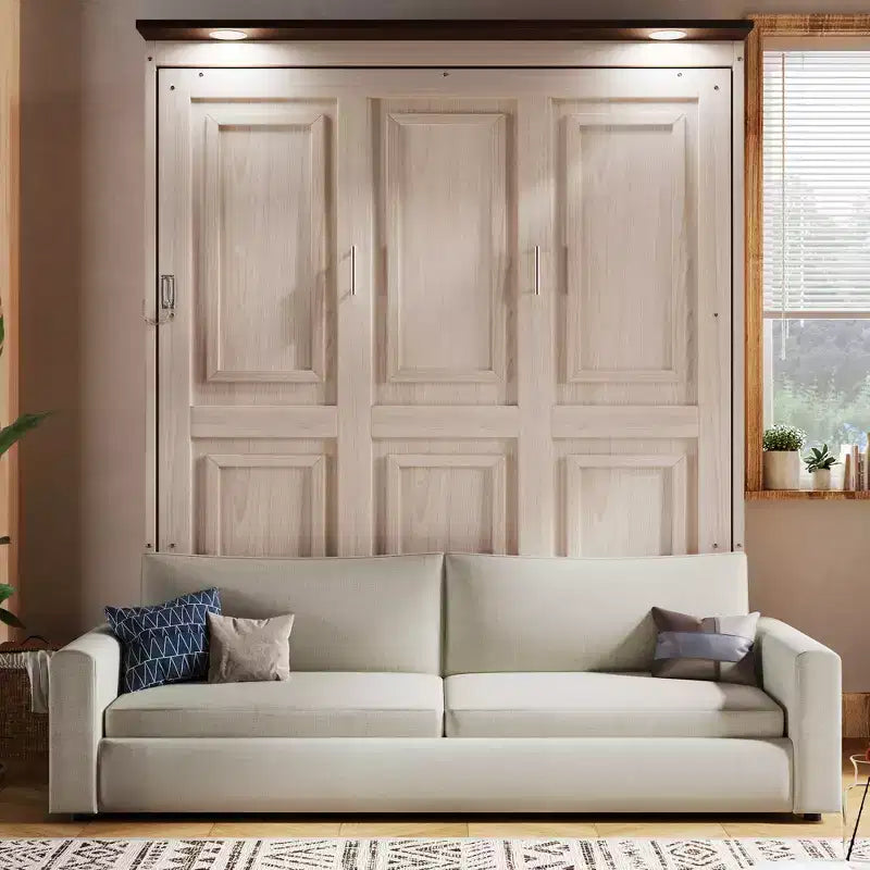 Queen Size Murphy Bed with Sofa, Wooden Queen Cabinet Bed Wall Bed with LED Light, Folding Wall Chest Bed with for Guest Room, Beige