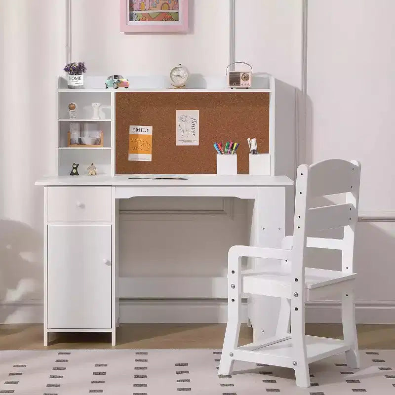 Kids Desk, Study Desk and Chair Set for Boys and Girl, Wooden Kids Writing Table with Bookshelf, Bulletin Board, Cabinet and Drawer for Ages 3-8