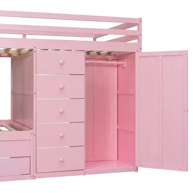 Full over Full Bunk Bed with Storage Wardrobe and Drawers, Full Size Wood Space-Saving Bunk Bed with Guardrail for Apartment, Bedroom