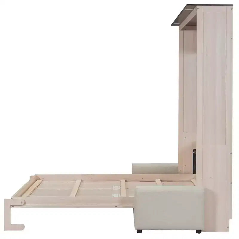 Queen Size Murphy Bed with Sofa, Wooden Queen Cabinet Bed Wall Bed with LED Light, Folding Wall Chest Bed with for Guest Room, Beige