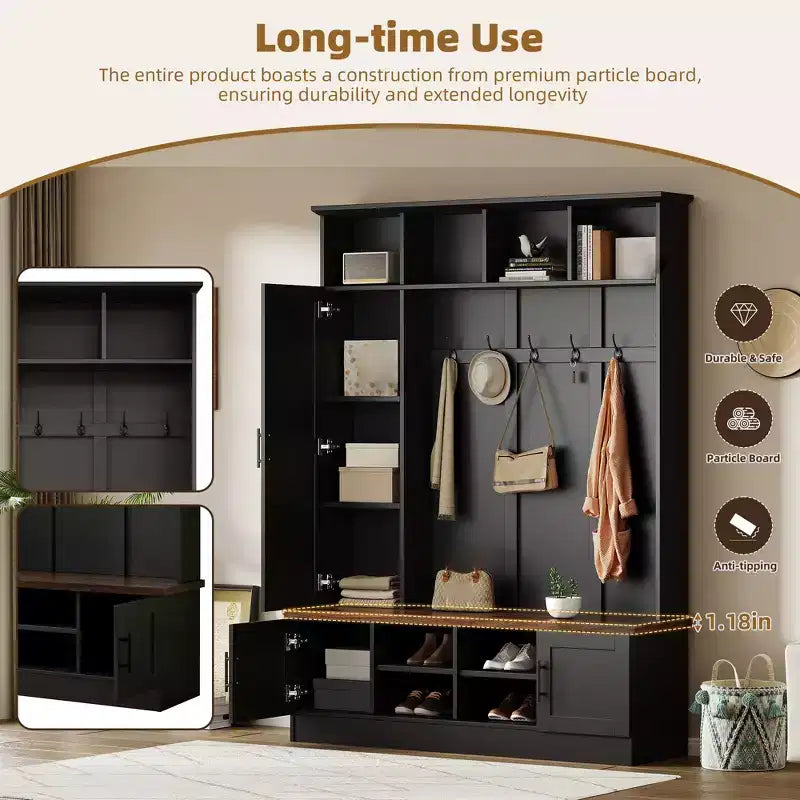 Entryway Hall Tree With Shoe Bench, Multifunctional Coat Rack with 6 Hook,Wood Hallway Coat Hanger with Shoe Storage for Entryway Living Room