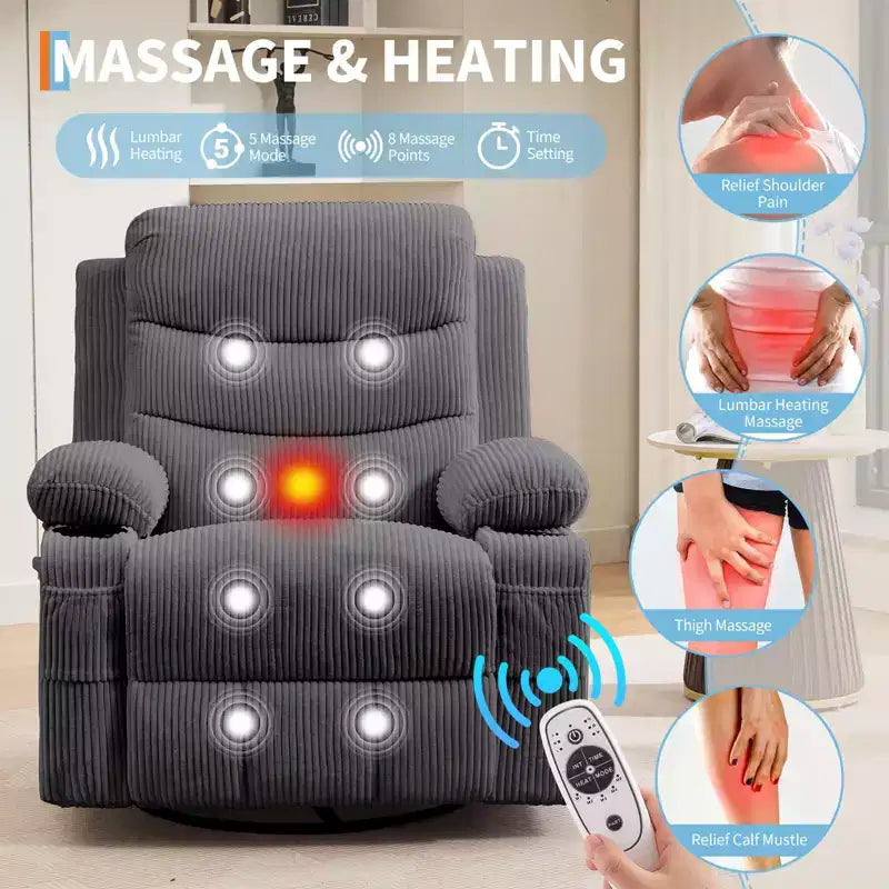 Oversized 360 Swivel Rocker Recliner with Massage & Heat - Ergonomic Lounge Chair with Cup Holders, Side Pockets for Living Room, Nursery
