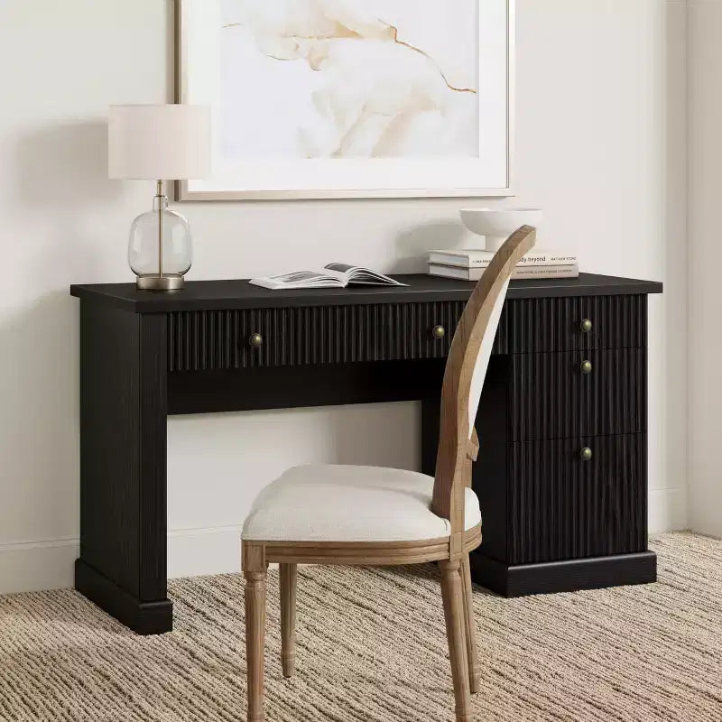 Fluted Home Office Desk Storage, 54 Modern Executive Desk with Charging Station, Wooden Computer Writing Desk with File Drawers for Study Room
