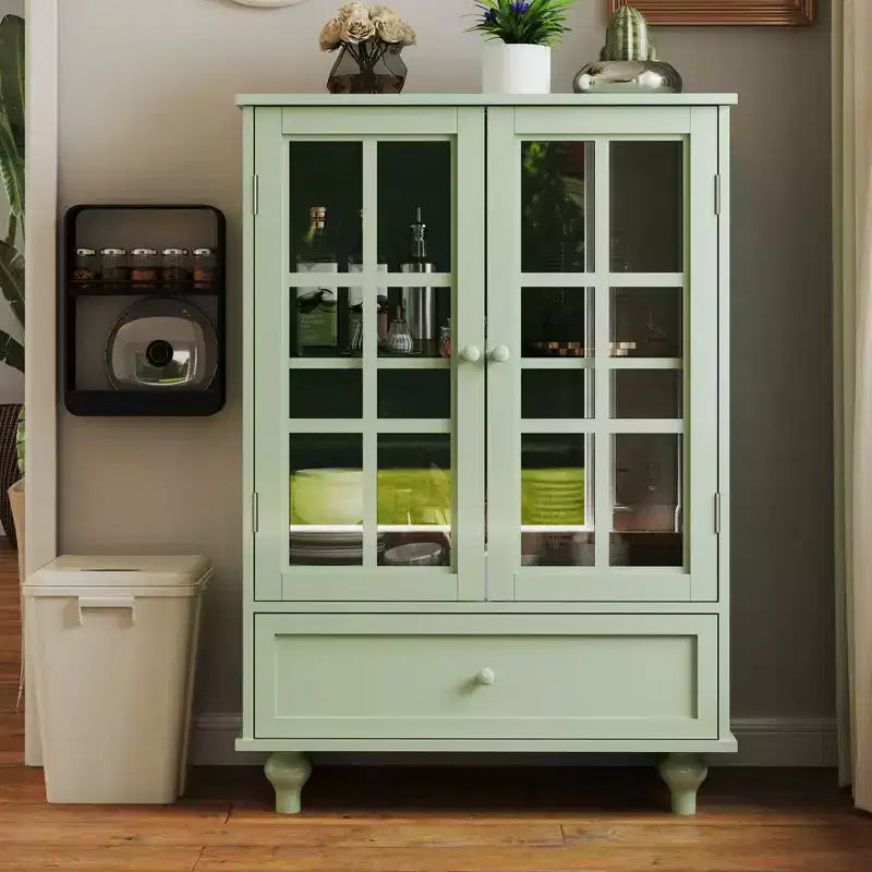 Storage Cabinets, Wooden Floor Cabinet with 1 Drawer and 2 Glass Doors, Farmhouse Sideboard Buffet Cabinet with Storage for Living Room