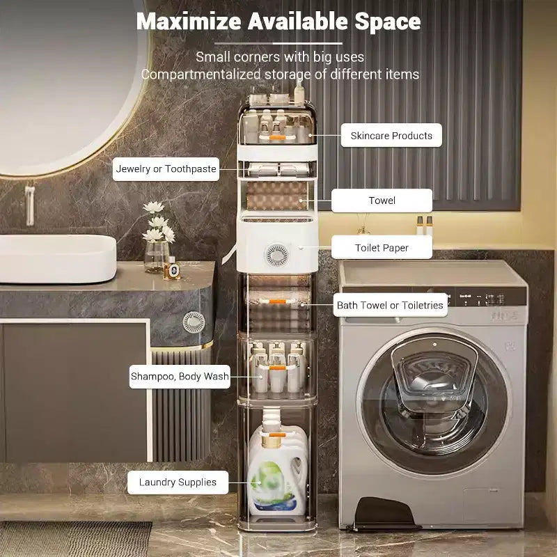 Slim Bathroom Cabinet, 7-Tier Narrow Storage Cabinet- with Waterproof Organizers&Tissue Box Holder&Wheels, Ideal for Bathroom, Kitchen, Laundry