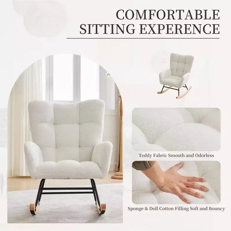 Nursery Rocking Chair, Living Room Glider Rocker for Breastfeeding, Comfy Accent Chairs for Bedroom, Plush Teddy Upholstered Armchairs Indoor