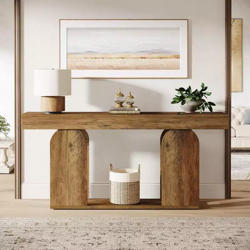 Lantine 70.9-inch extra long farmhouse console table with 2-tier wooden storage shelf, suitable for hallway, living room, entrance, vintage brown.