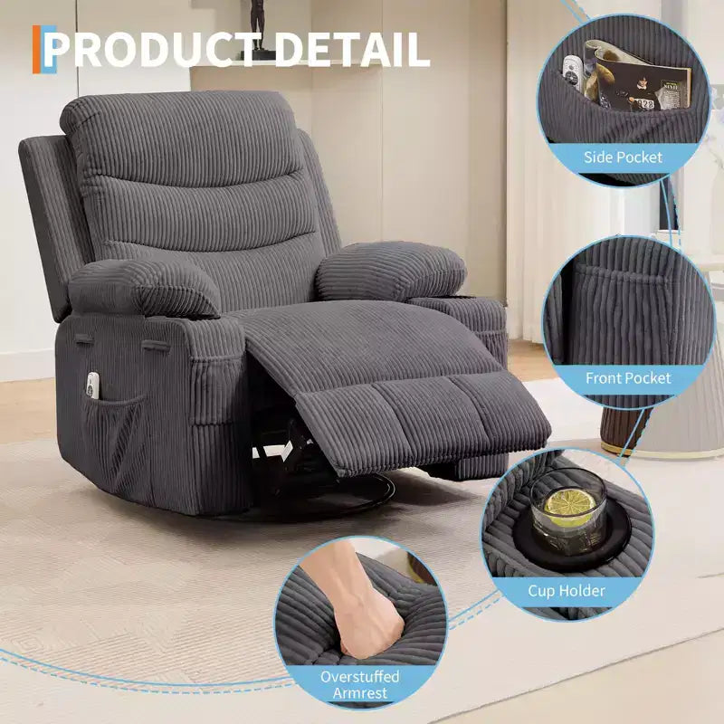 Oversized 360 Swivel Rocker Recliner with Massage & Heat - Ergonomic Lounge Chair with Cup Holders, Side Pockets for Living Room, Nursery