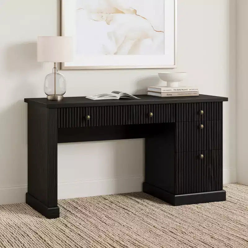 Fluted Home Office Desk Storage, 54 Modern Executive Desk with Charging Station, Wooden Computer Writing Desk with File Drawers for Study Room