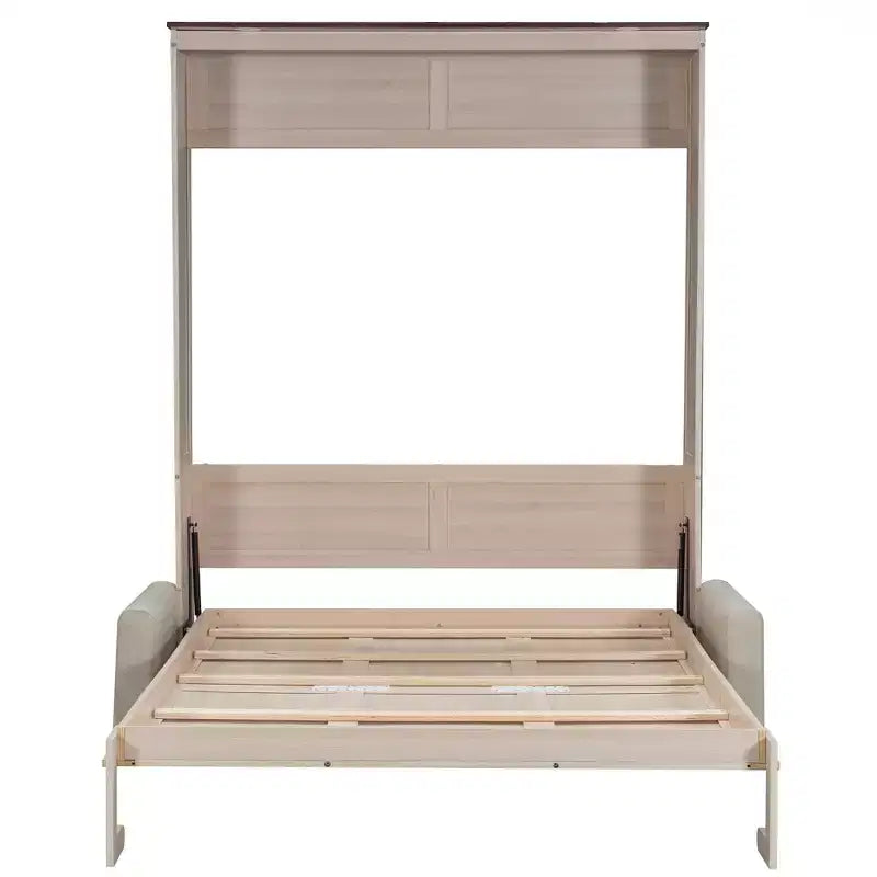 Queen Size Murphy Bed with Sofa, Wooden Queen Cabinet Bed Wall Bed with LED Light, Folding Wall Chest Bed with for Guest Room, Beige