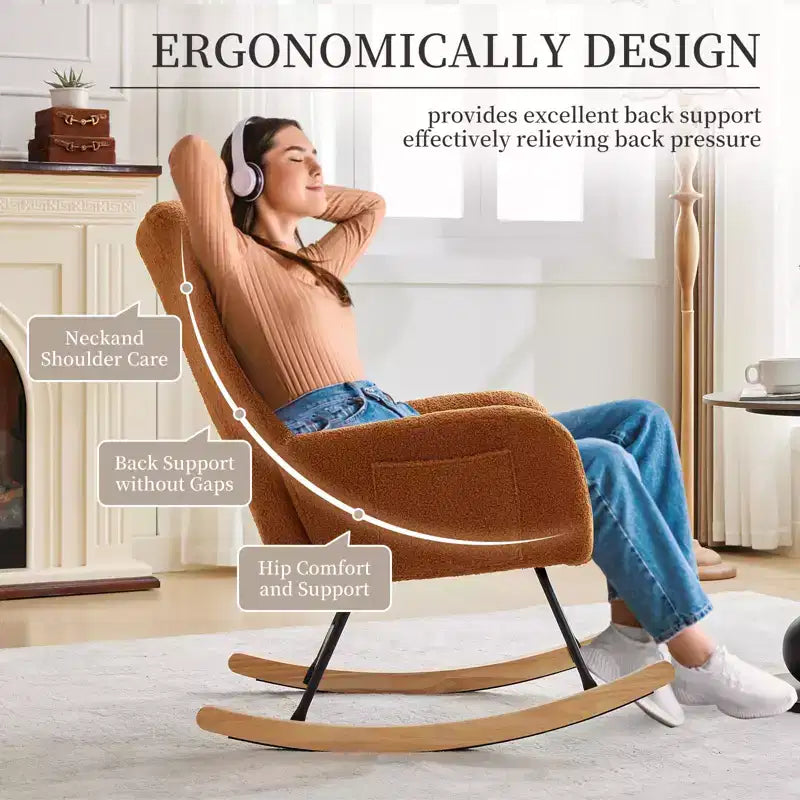 Nursery Rocking Chair, Living Room Glider Rocker for Breastfeeding, Comfy Accent Chairs for Bedroom, Plush Teddy Upholstered Armchairs Indoor