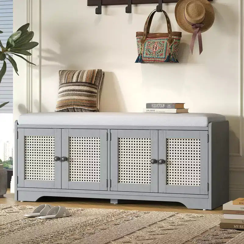 Whisen Rustic Wood Storage Bench, Entryway Shoe Bench with Removable Cushion, Adjustable Shelves