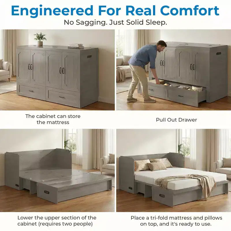 Mjkone Queen Size Convertible Murphy Cabinet Bed with USB Charging, Storage Drawers,No Mattress Included