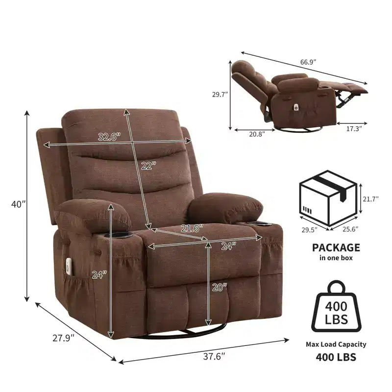 Oversized 360 Swivel Rocker Recliner with Massage & Heat - Ergonomic Lounge Chair with Cup Holders, Side Pockets for Living Room, Nursery