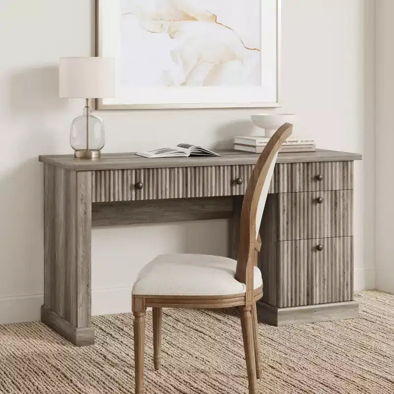 Fluted Home Office Desk Storage, 54 Modern Executive Desk with Charging Station, Wooden Computer Writing Desk with File Drawers for Study Room