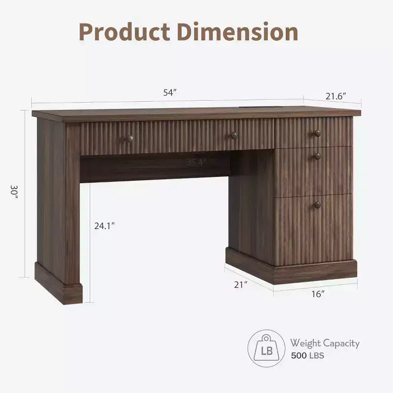 Fluted Home Office Desk Storage, 54 Modern Executive Desk with Charging Station, Wooden Computer Writing Desk with File Drawers for Study Room