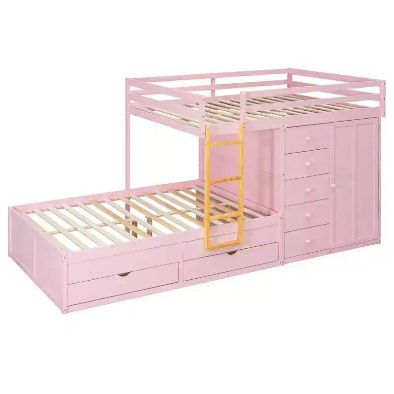 Full over Full Bunk Bed with Storage Wardrobe and Drawers, Full Size Wood Space-Saving Bunk Bed with Guardrail for Apartment, Bedroom