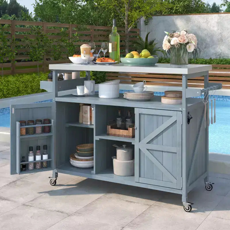 Okak Outdoor Kitchen Island with Stainless Steel Top, Wooden Kitchen Cart with Doors, Shelves and Spice Rack, Rolling Kitchen Island