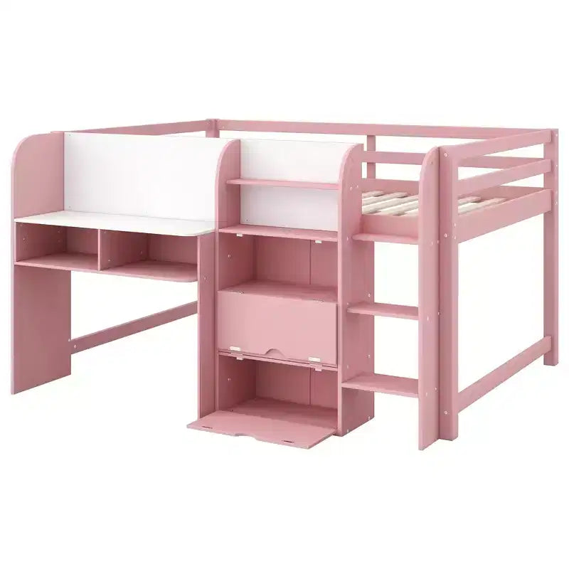 Pink/White Low Loft Bed with Desk, Storage & Whiteboard ¨C Twin, 1-Person