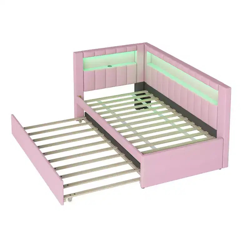 Twin/Full Daybed with Trundle and L-Shaped Bookshelf Headboard, Linen Upholstered Soft Corner Bed with Storage Shelves and LED Belt
