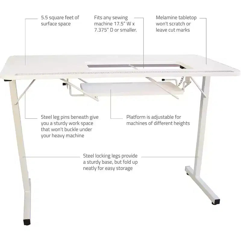 SewingRite SewStation 101 Portable Folding Sewing Table with Steel Legs, White - Perfect for Home, Office and Business