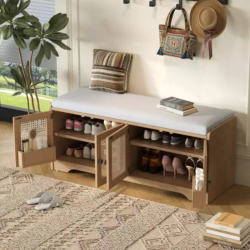 Whisen Rustic Wood Storage Bench, Entryway Shoe Bench with Removable Cushion, Adjustable Shelves