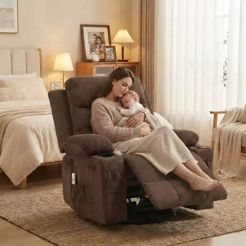 Oversized 360 Swivel Rocker Recliner with Massage & Heat - Ergonomic Lounge Chair with Cup Holders, Side Pockets for Living Room, Nursery