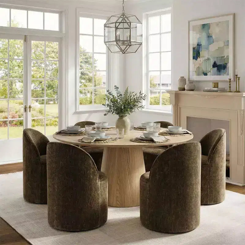 Modern Dining Table Set For 6, Round Pedestal Dining Table, Swivel Rolling Barrel Chairs With Wheels, Textured Chenille- Panipeachy