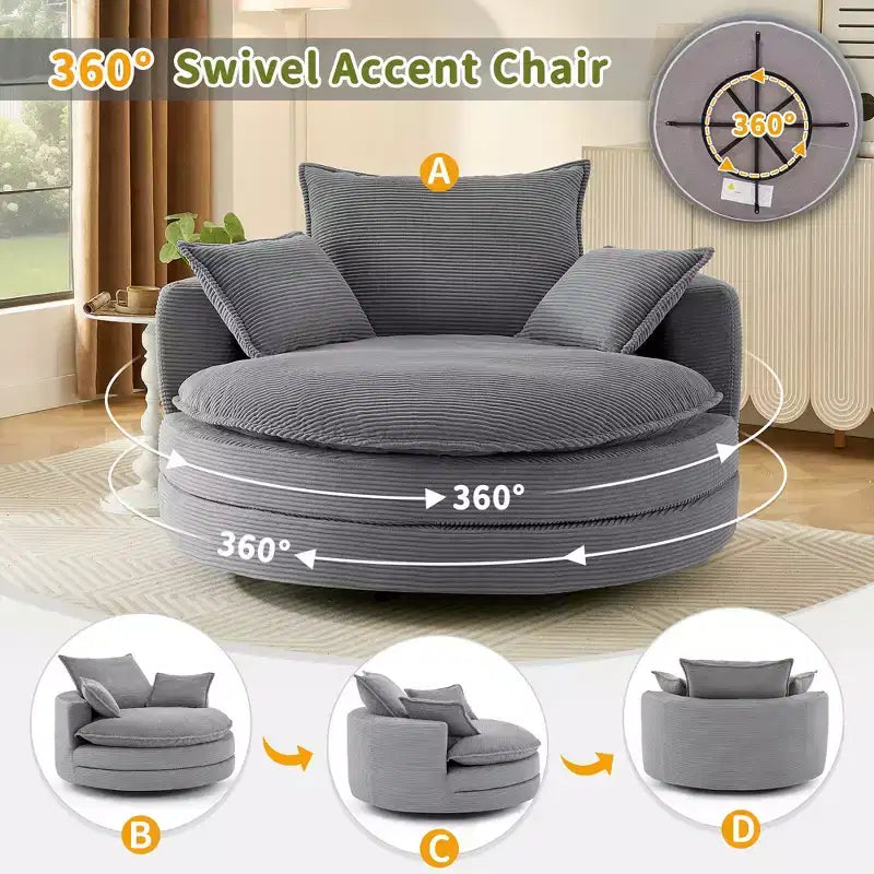360 Swivel Accent Chair, Barrel Chair Swivel Round Sofa Chair with Cushion for Living Room