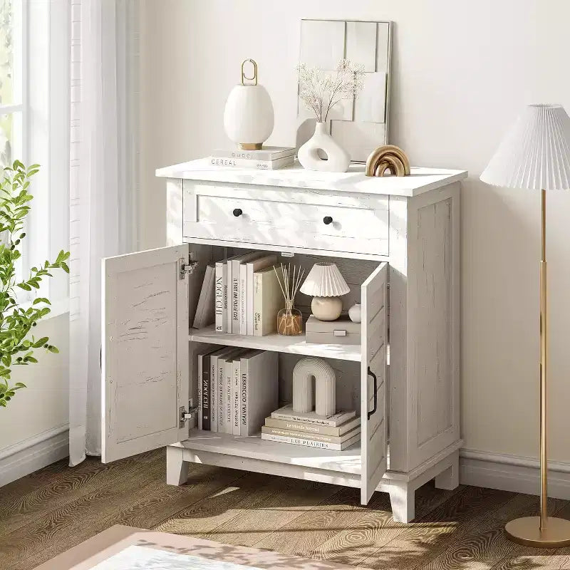 31.5 Rustic Storage Cabinet, with Slatted Doors, 3-Tier Adjustable, Double Door Locker, for Kitchen, Dining Room, and Home Office