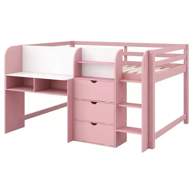 Pink/White Low Loft Bed with Desk, Storage & Whiteboard ¨C Twin, 1-Person