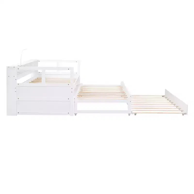 Whisen Twin XL Wood Daybed with 2 Trundles, 3 Storage Cubbies, 1 Light for Free and USB Charging Design