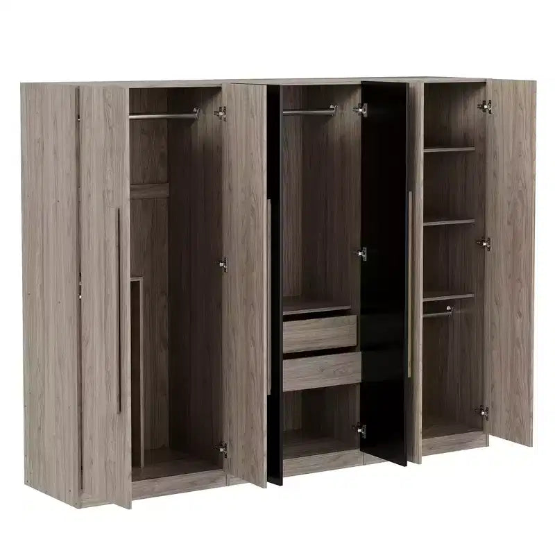 83W 6 Door Wardrobe Clothing Armoire Closet Storage Cabinet with 2 Drawers, Hanging Rails and Storage Shelves, Black+Natural-ModernLuxe