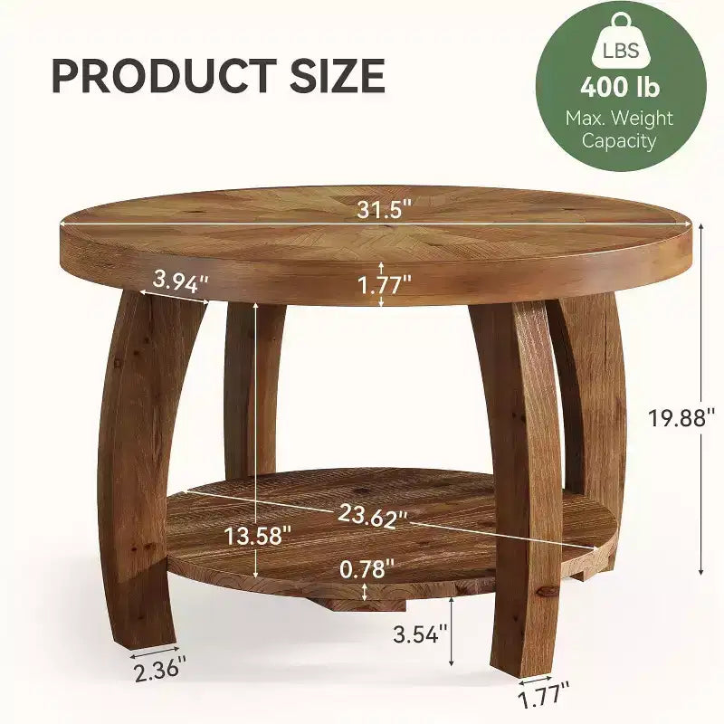 Lantine Solid Wood Round Coffee Table, 2-Tier Center Table with Storage, 31.5 Inch Tabletop with Mosaic Pattern, Easy Assembly, for Living Room, Brown