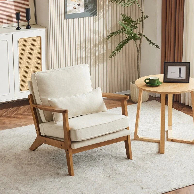 Upholstered Linen Blend Accent Chair with Wooden Legs and One Pillow Beige